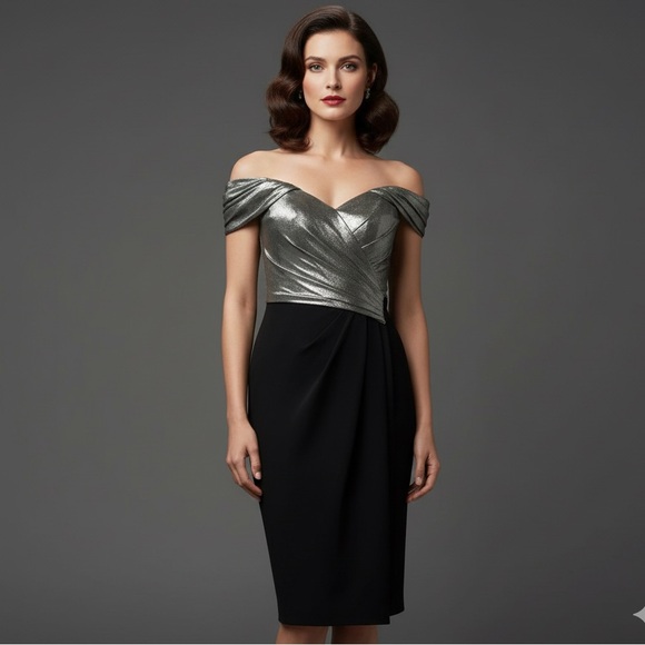 RENE‎ RUIZ COLLECTION Colorblocked Metallic Trim Draped Knee Dress